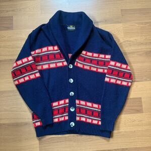 Men's Vintage 80's Sportswear Blue Red Knit Cardigan Shawl Sweater Sz Large VTG